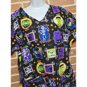 SB Scrubs Women's  Halloween Scrub Top Sz Medium Short Sleeve Monster Ghost